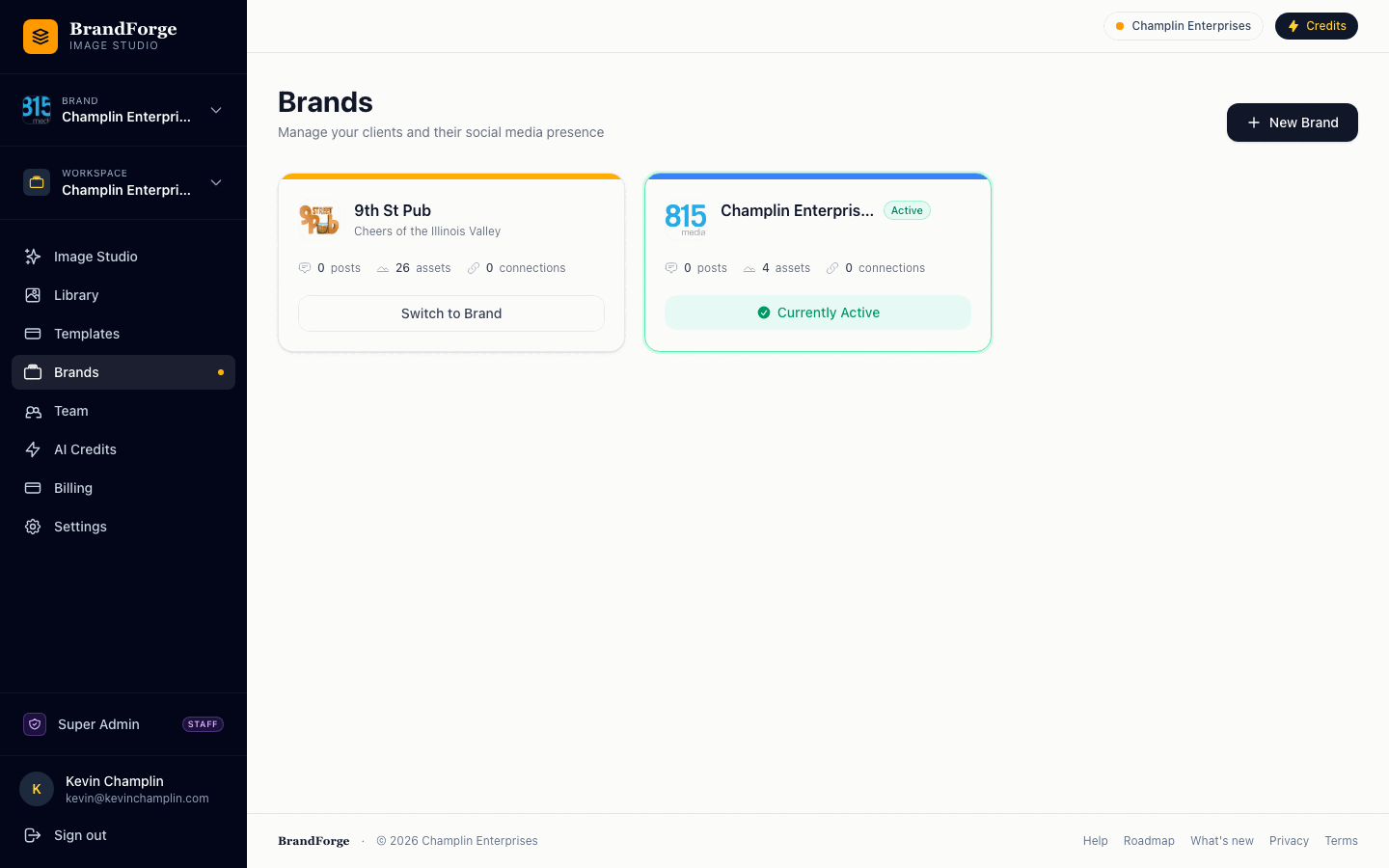 BrandForge Brands page — multi-brand workspace